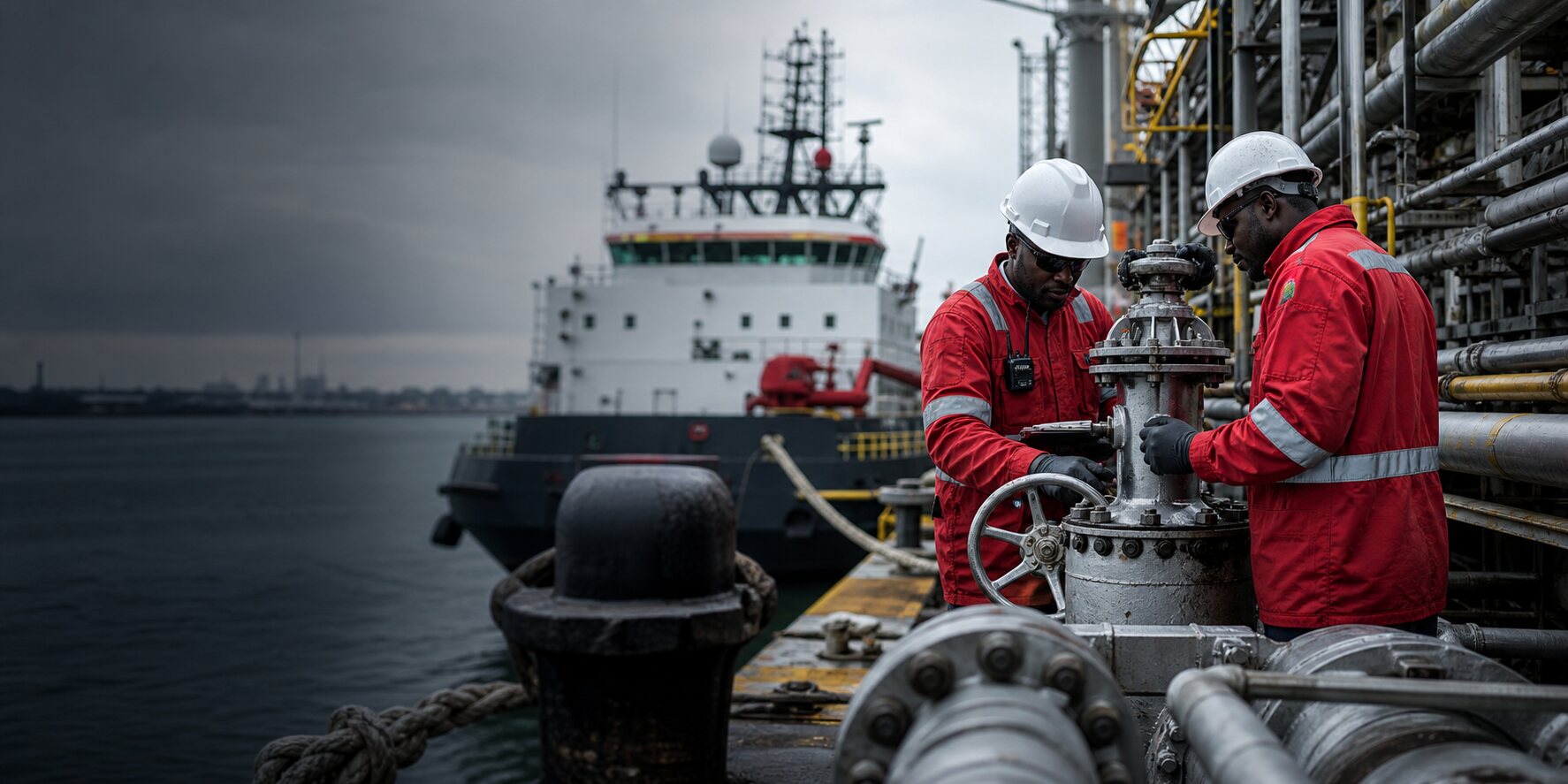 Engineers inspecting marine equipment at a waterfront facility