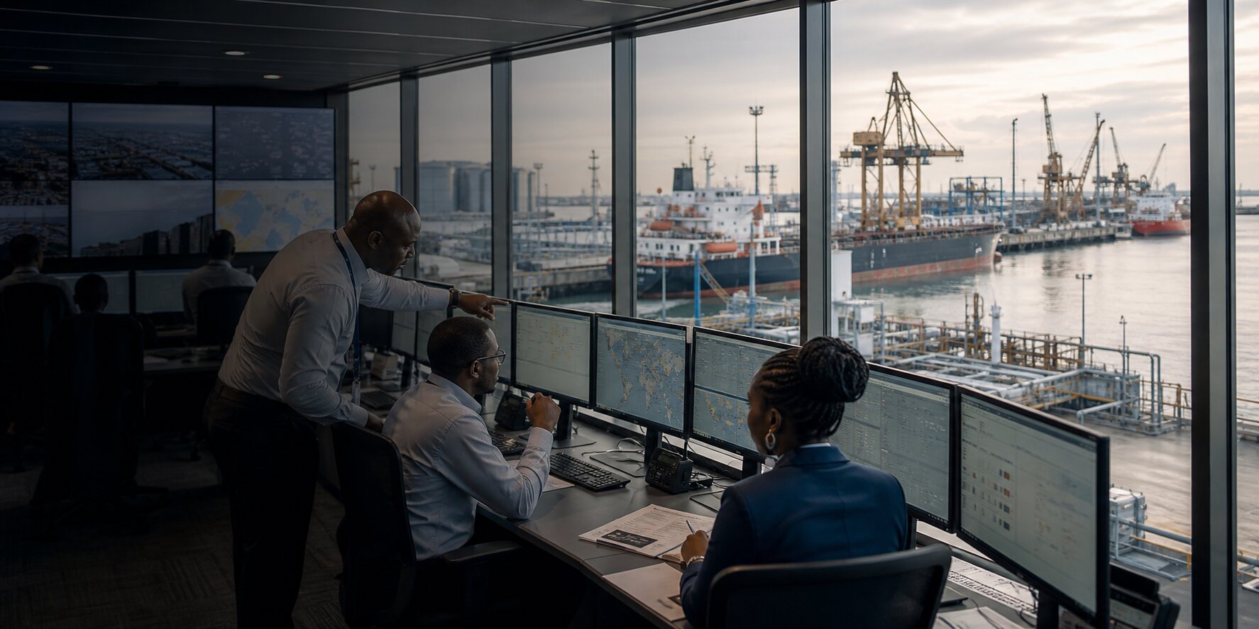 Port operations control room overlooking harbour infrastructure